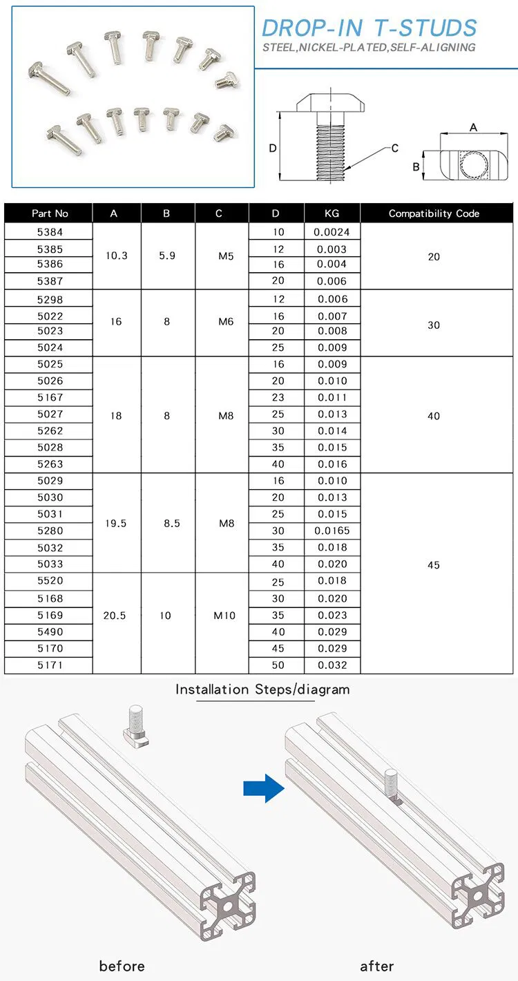 Anchor Bolt Drop in T Studs M6*16 for 30 Series Slot 8
