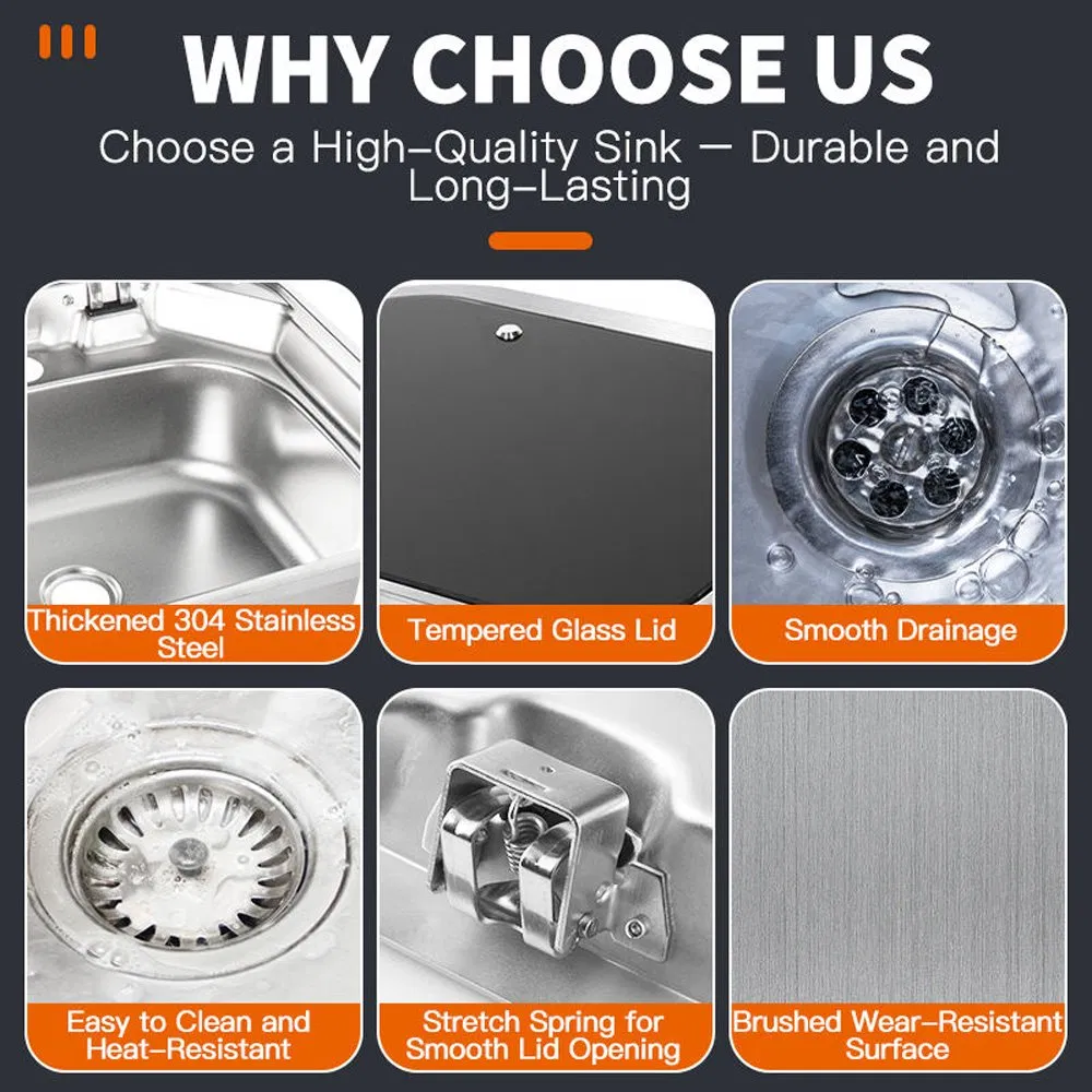 RV 420mm Stainless Steel Sink with Faucet and Tempered Glass Cover for RV Caravan Camper Wash Basin