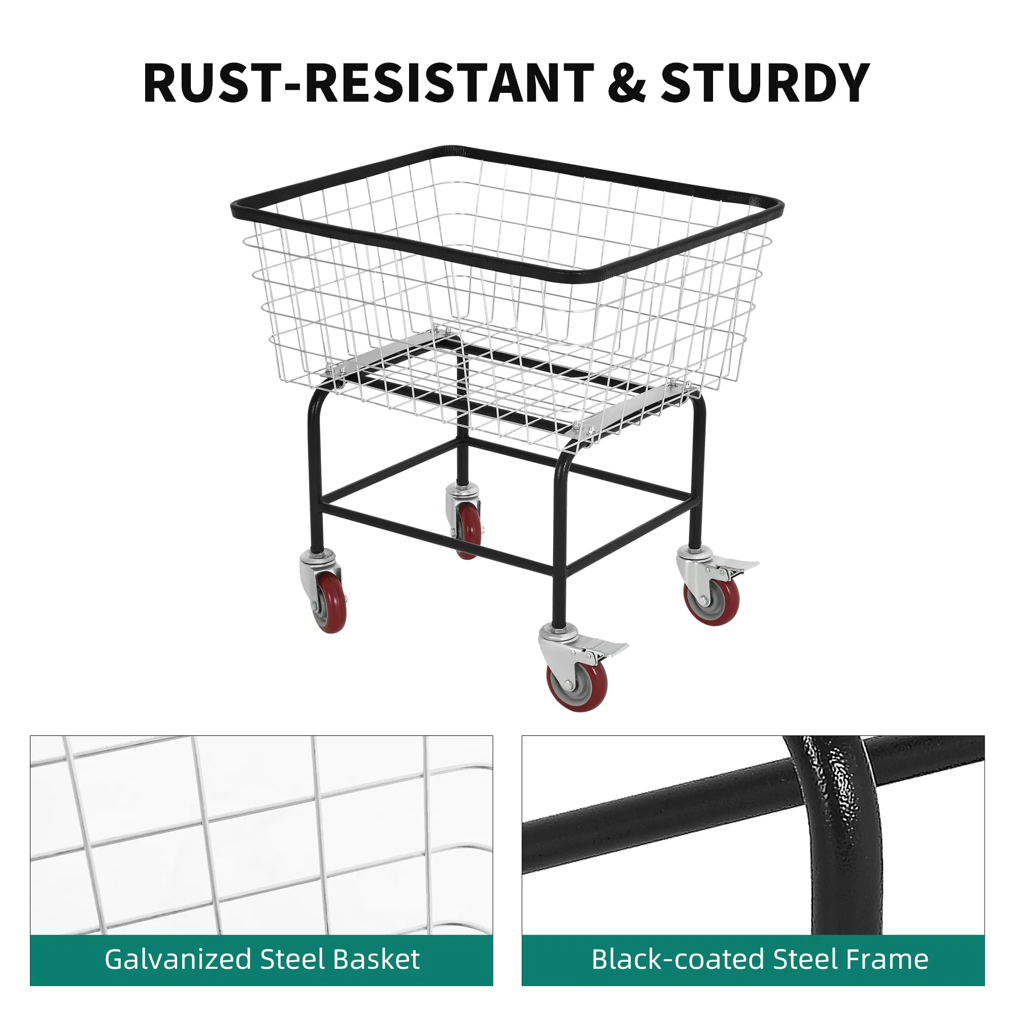 Wire Laundry Cart 2.5 Bushel, Rolling Laundry Basket with Wheels, Metal Commercial Wire Laundry Basket Cart with Galvanized Finish, Large Steel Basket