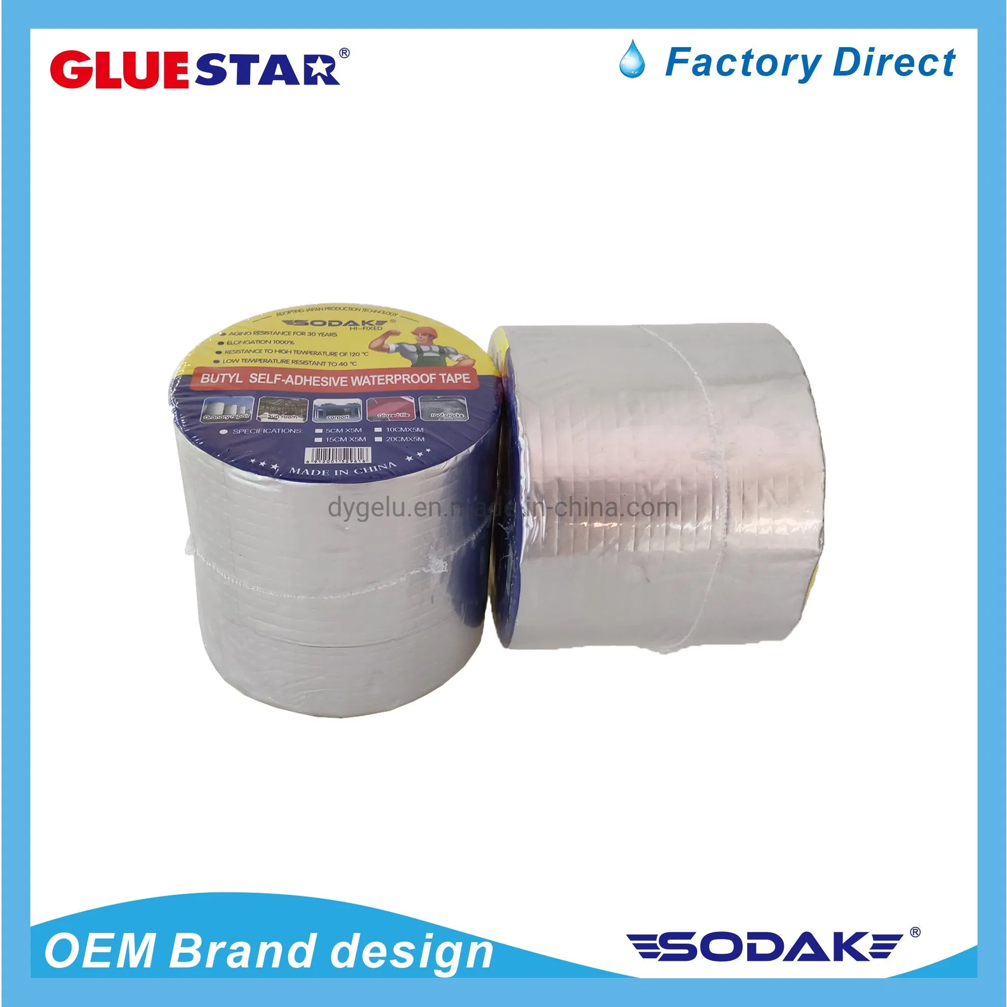 Sodak Strong Butyl Aluminum Foil Waterproof Tape Self Adhesive High Temperature Butyl Tape for Roof and Wall Cracks Repair