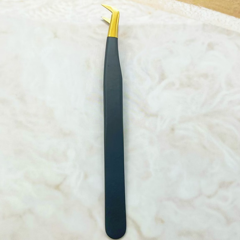 Golden Tip High-Precision Black Ergonomic Blossom Eyelash Extension Lash Stainless Steel Tweezers