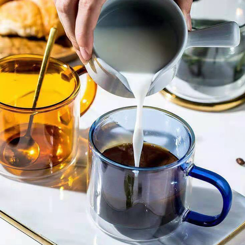 Double Glass Mug for Household Tropical Resistant Colored Handle Glass Milk Cup