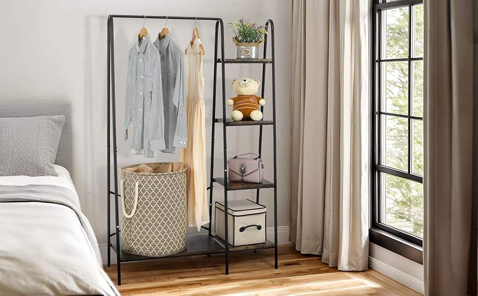 Rustic Heavy Iron Freestanding Garment Rack 4 Wood Shelves Portable Organizer for Bedroom/Entryway Living Room Hanging Clothes