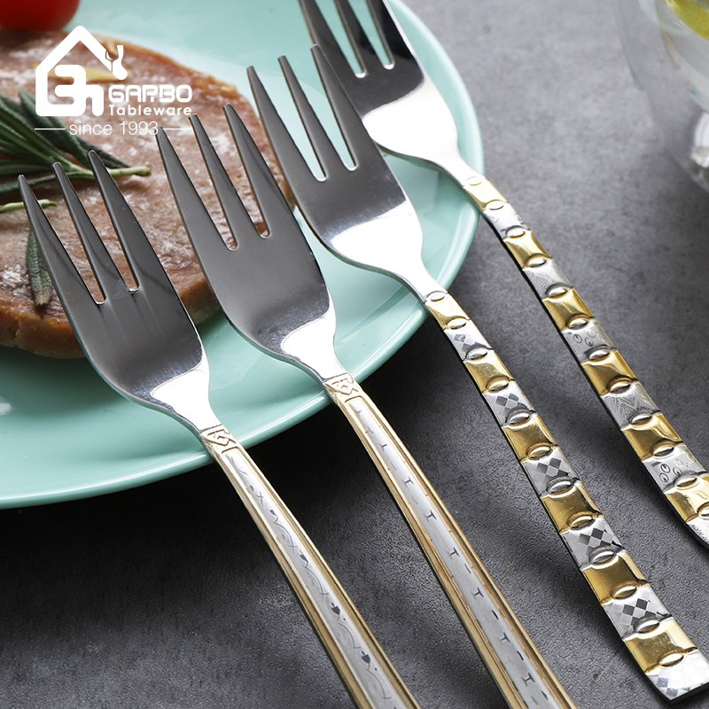 Garbo New Design Dinner Steak Fork with Laser Logo Gold Handle