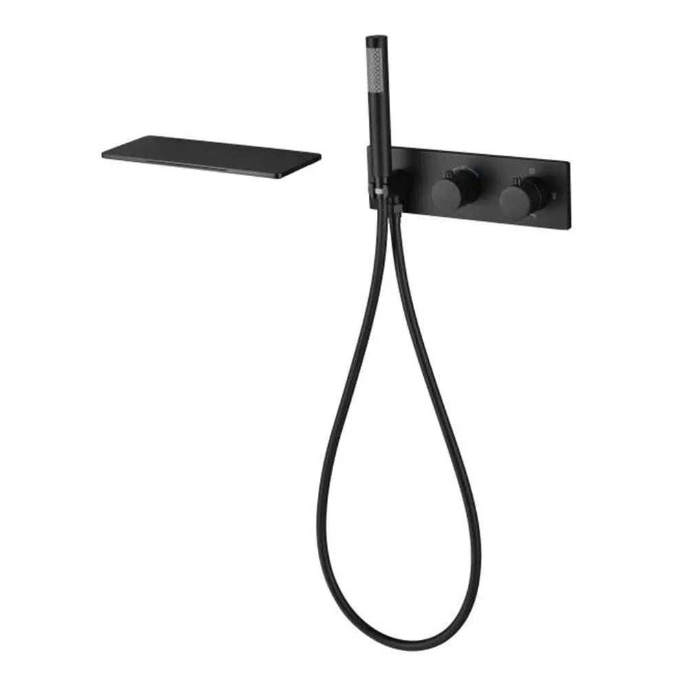 Modern in-Wall Bathroom Faucet Wall Mounted Hot Cold Water Tap Black Finish Brass Bathtub Mixer Waterfall Tub Filler