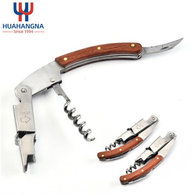 Multifunctional Champagne Stainless Steel Engraved Knife Custom Wooden Red Corkscrew Wine Opener