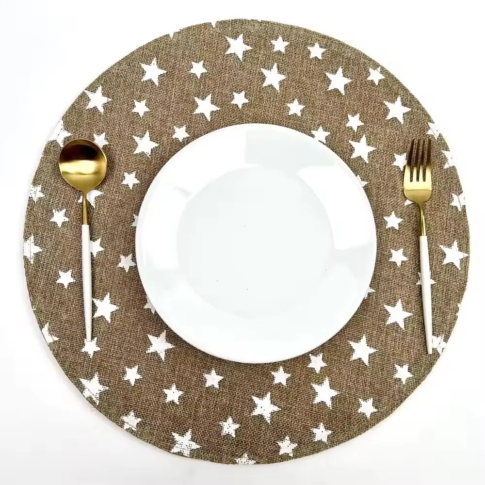 X'mas Heat-Resistant Table Decorative Polyester and Paper Woven Stars Printed Round Placemat