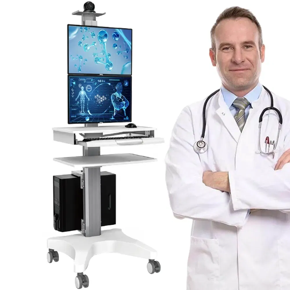 Modern Mobile Medical Trolley Cart with Dual Monitor Mounts
