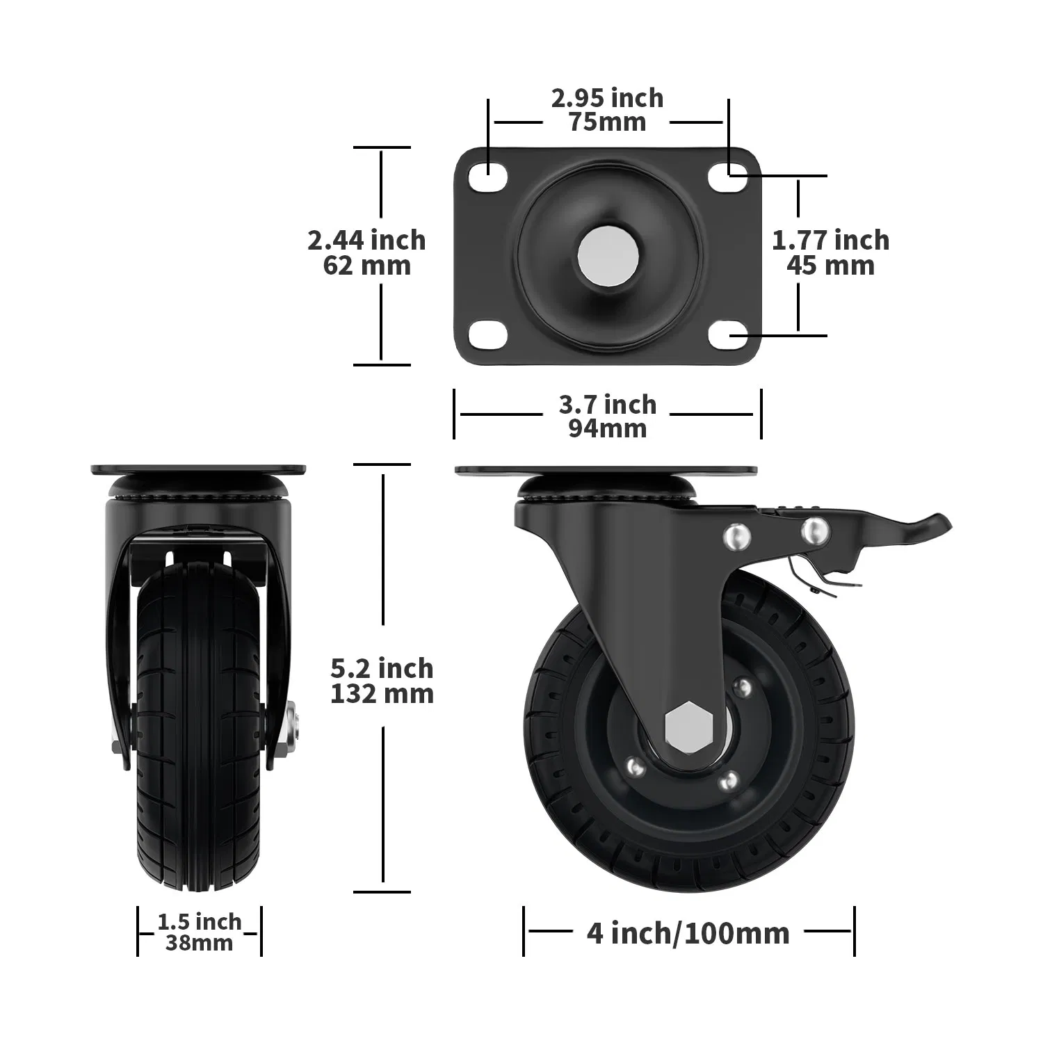 Plate Caster Wheel with Dual Brake, 4 Inch/100mm Solid Rubber Tire