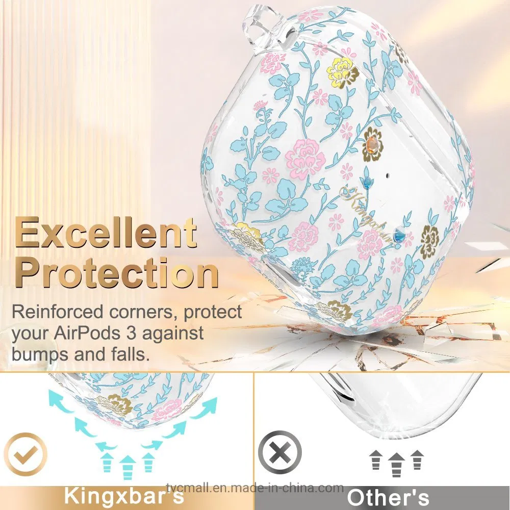 Kingxbar Flora Series Anti-Drop TPU Earbuds Case Cover Portable Scratch Resistant Charging Case Protector with Keychain for Apple Airpods 3 - Pink/Blue