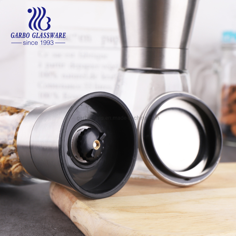 Refillable Glass Salt and Pepper Grinder Set of 2 Coarseness Adjustable Stainless Steel Salt and Pepper Mill Shakers Bottle with Lid 6 Oz