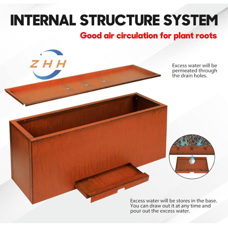 Corten Steel Rectangular Planter Box with Drain Plate