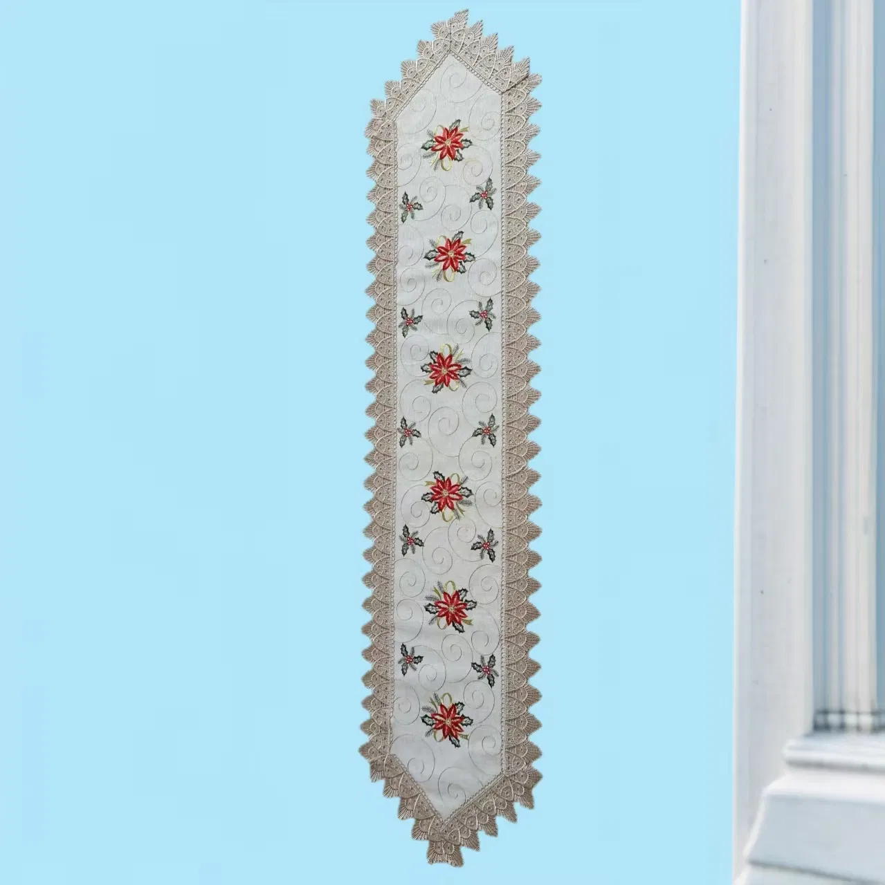 Christmas Flower and Holly with Elegant Lace Table Runner for Living Room