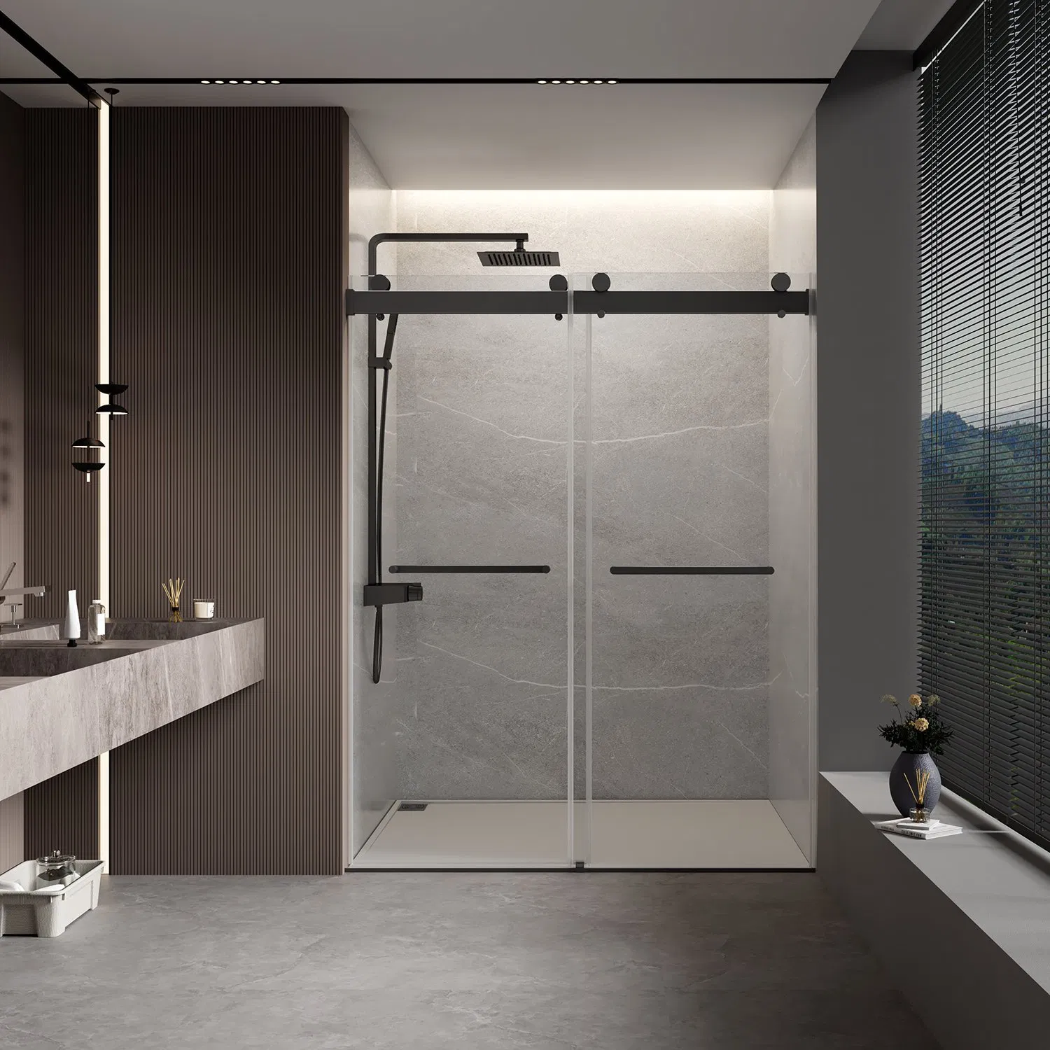 Hotel Double Bypass Soft Close Bathroom Tempered Glass Black Frameless Shower Enclosure Shower Screen Sliding Glass Shower Door