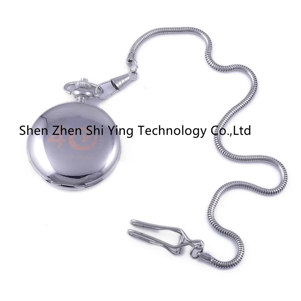 Custom Matt Silver Tone Brush Case Engraved Pocket Watch with Chain