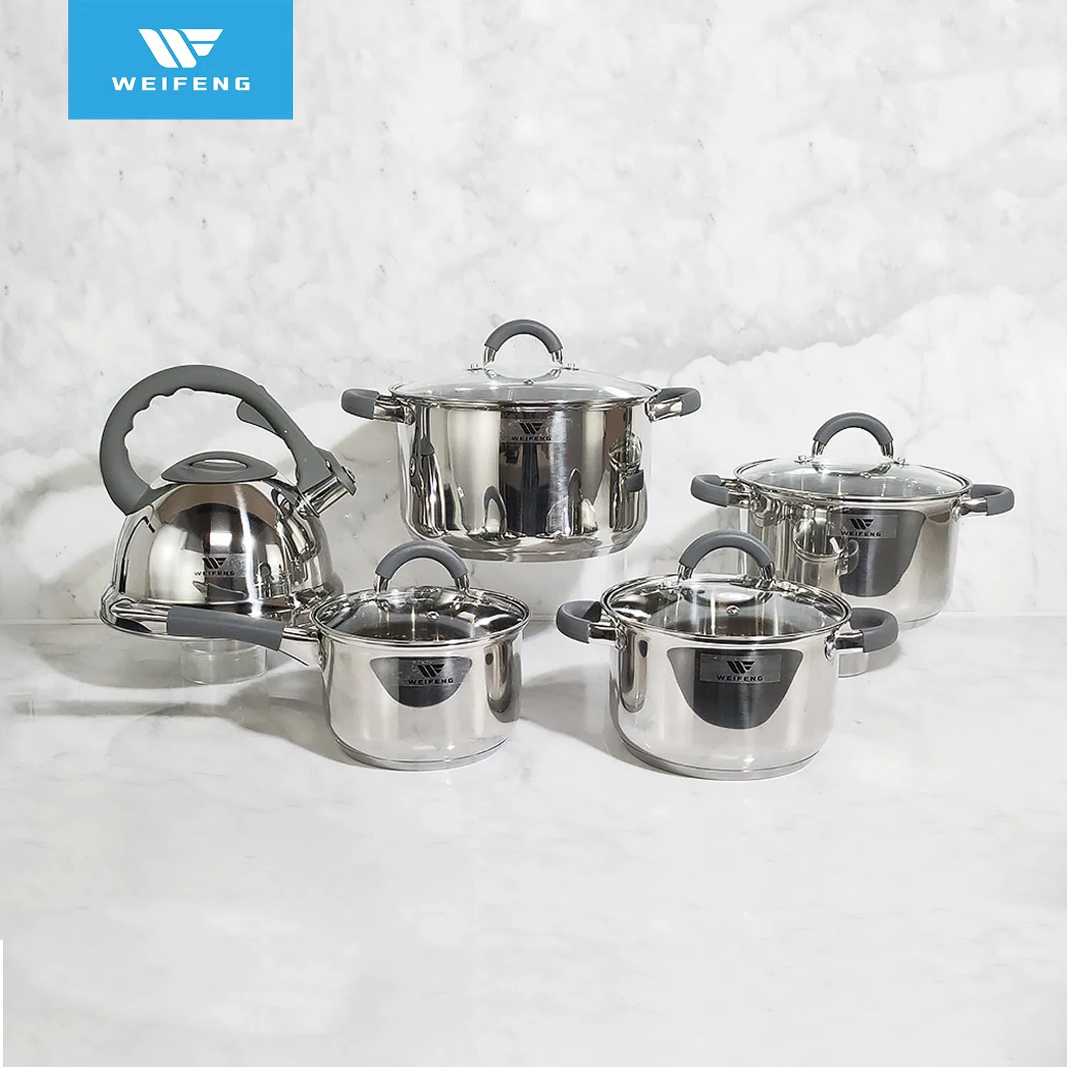 10PCS Stainless Steel Cookware with Grey Silicone Ss Handle