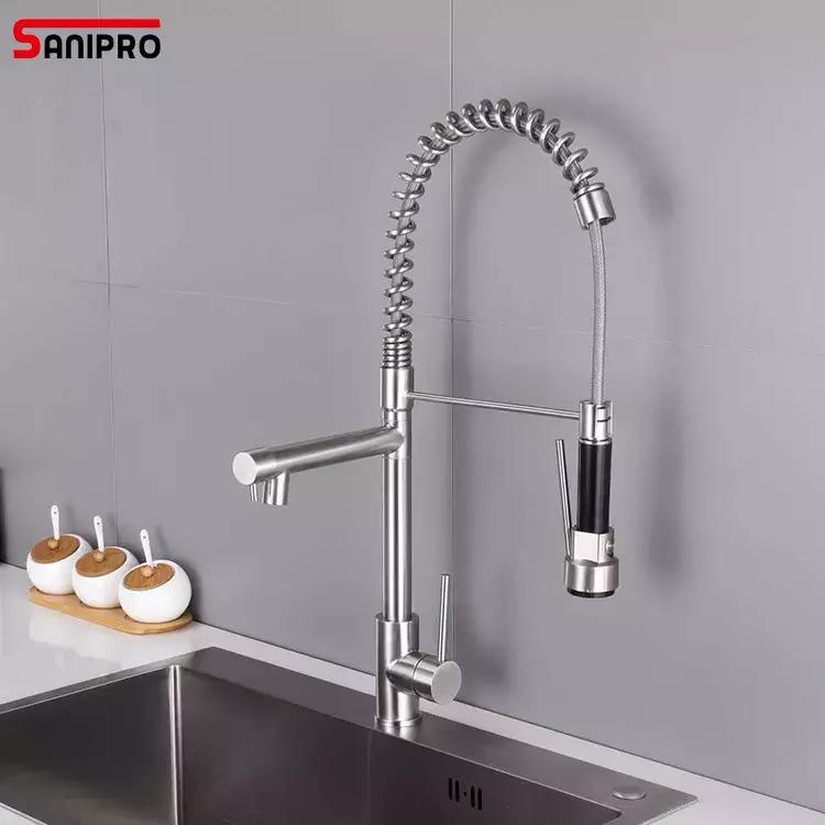 Sanipro Dual Sprayer Mixer Taps Brushed Nickel 360 Degree Swivel Spout Kitchen Sink Faucet Spring Pull out Tap