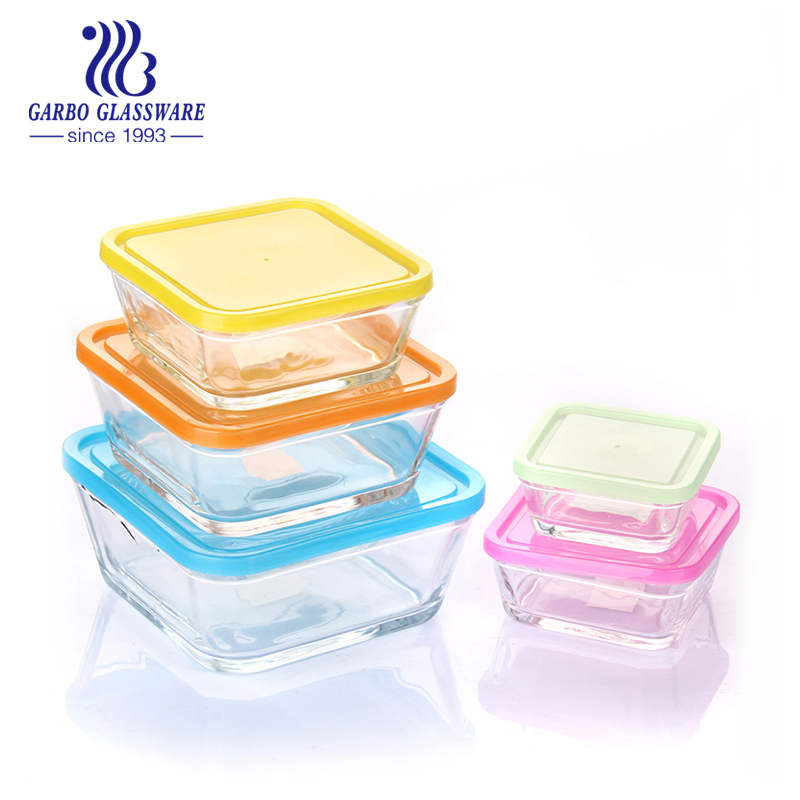 Wholesale Home Use Heat Resistant Salad Bowl 5PCS Square Glass Bowl Set with Color PP Lid