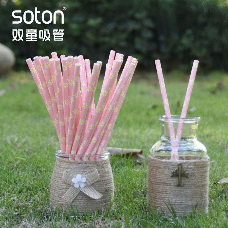 Party Disposable Biodegradable Pink Daisy Paper Straw