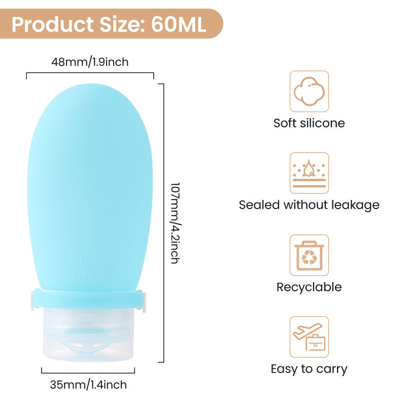 Reusable 2oz Leakproof Food Grade Silicone Travel Size Bottle 60ml for Toiletries