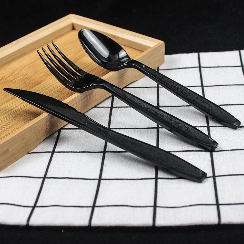 Disposable Plastic Cutlery 177mm Length PS Plastic Cutlery Set with Paper Towel Black Custom for Restaurant