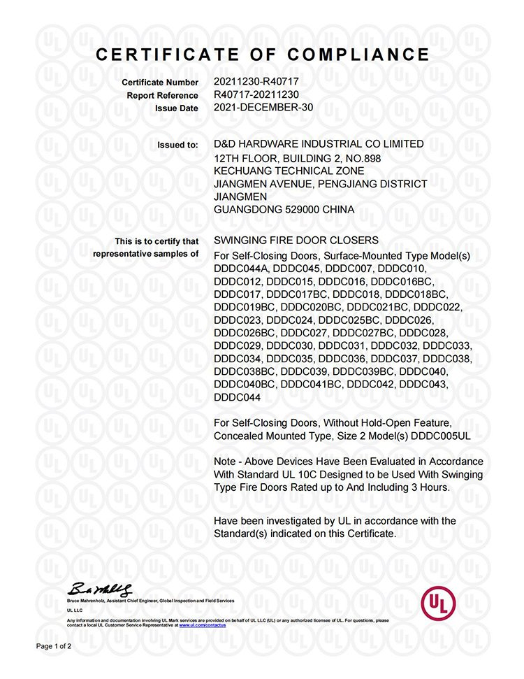 UL Backcheck Fire Rated Adjustable Overhead Metal Entry Door Closer