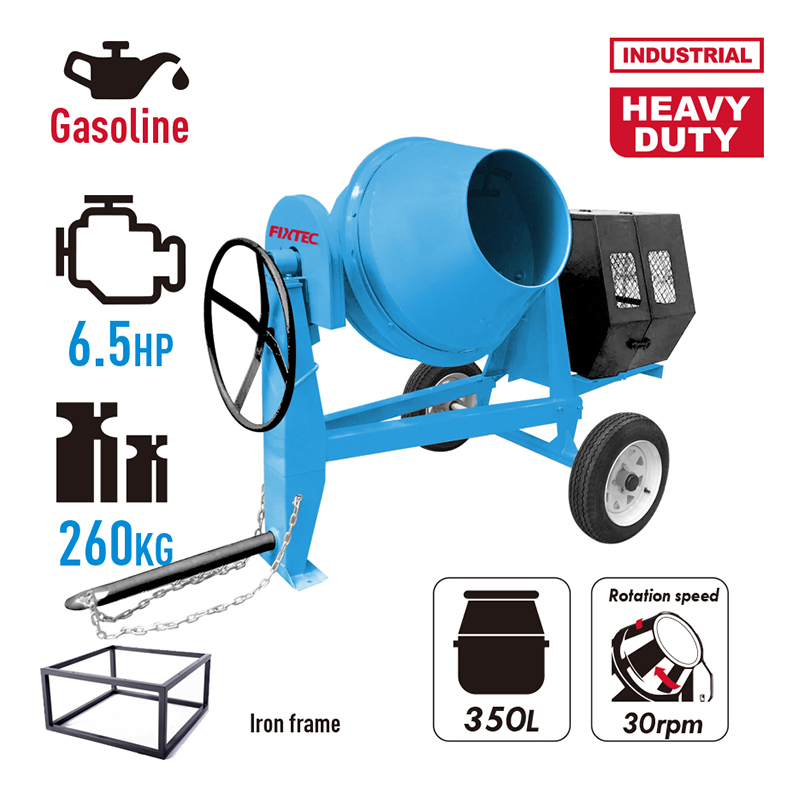 Fixtec Wet & Dry 350L 2 Wheel Movable Gasoline Electric Portable Diesel Concrete Cement Mixer