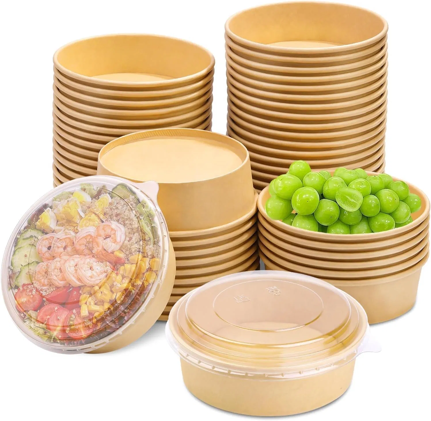 1000ml Disposable Salad Bowls with Pet Lid, Round Kraft Paper Bowl Takeaway