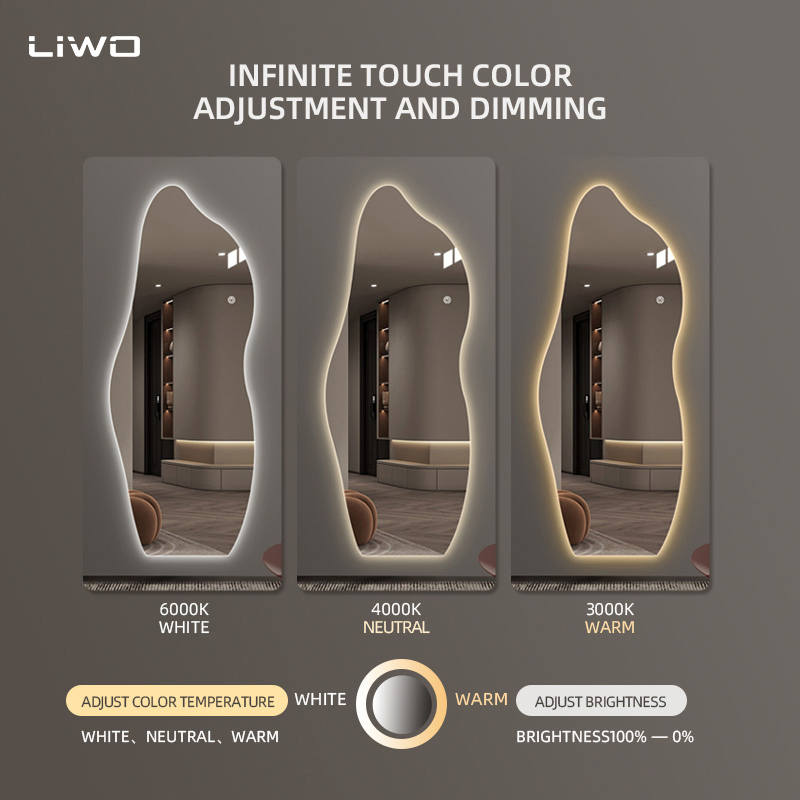 Full-Length Wall-Mounted Irregular Adjustable Light Color Smart Touch Frameless Silver Dressing LED Mirror Modern Home Furniture Decoration