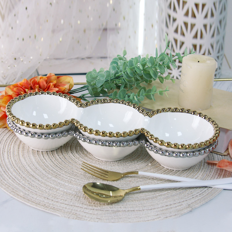 RP027 Ceramic Gold Beaded Rim Divided Serving Tray Dipping Bowl Snack Chip and DIP Platter with 3 Compartment