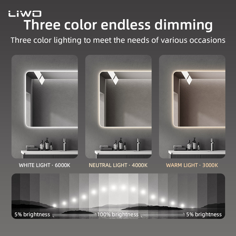 Modern Rectangle Wall Home Decor Anti Fog Touch LED Vanity Bathroom Smart Makeup Mirror with Light Adjustable Frameless Glass