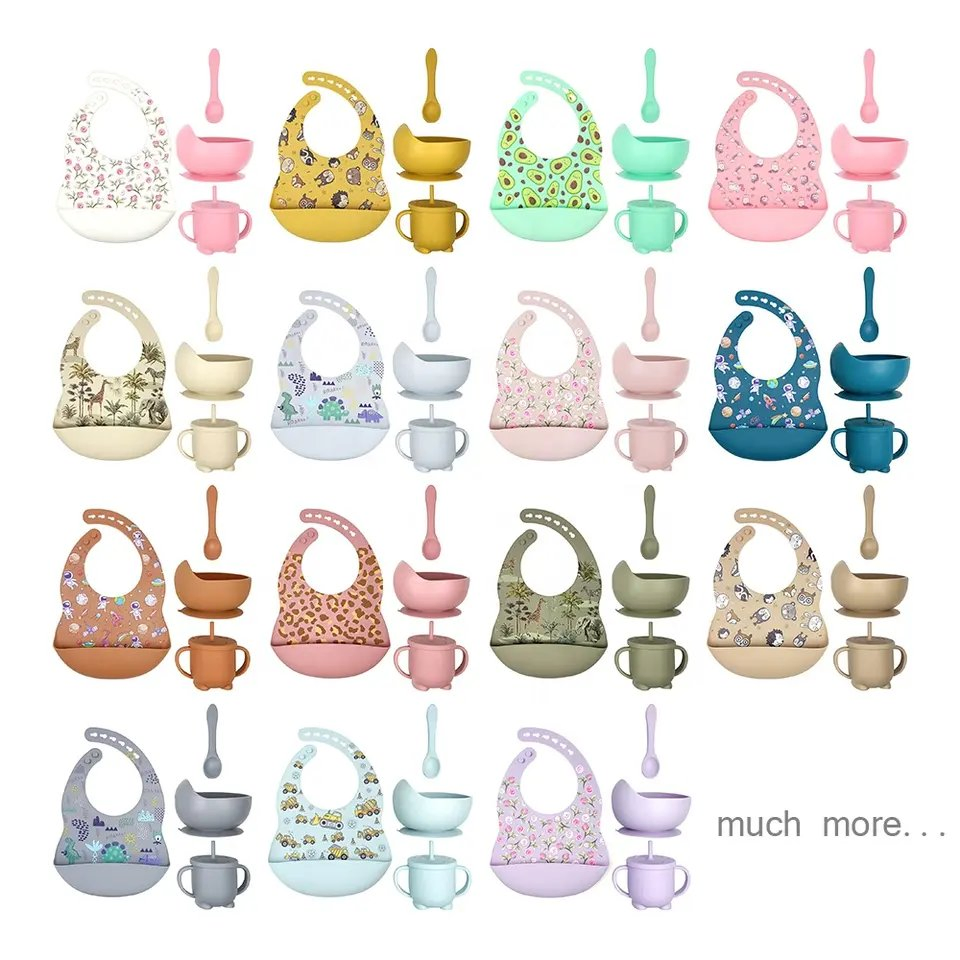 Wholesaleled Weaning Silicone Suction Plate Bowl Spoon Bibs BPA-Free Baby Feeding Set