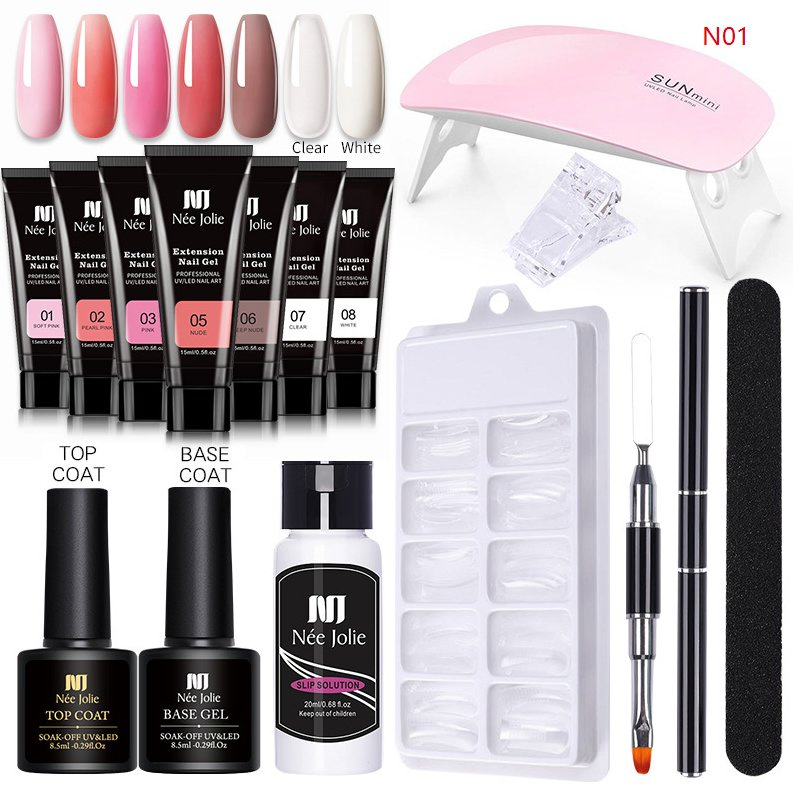 Online Wholesale and Retail UV Poly Nail Extension Gel Kit Set with UV Lamp Brush File Clip Professional Color Nail Kit Set Complet with UV Lamp