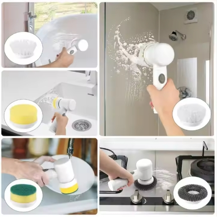 Custom Logo New Electric Spin Scrubber 5 Replaceable Heads Handheld Cleaning Brush Bathroom Kitchen Window Bottle Sponge Style