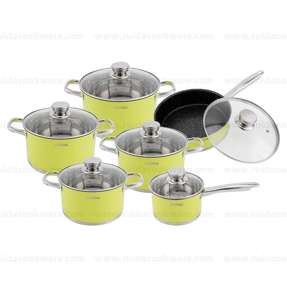 Hot Sale 12PCS Induction Bottom Green Body Cookware Set