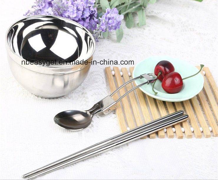 Stainless Steel Folding Cutlery Sets, Travel Picnic Lunch Bowl Spoon Chopsticks Camping Outdoor Tableware with Zipper Case Holder Esg10075