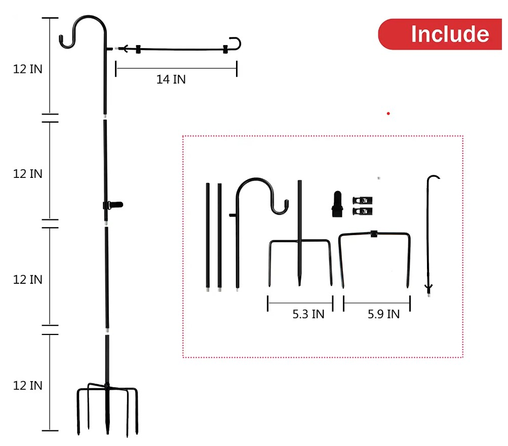 Garden Flag Holder Stand and Shepherds Hooks, 48 Inch Height with 1/2 Inch Thick Metal Garden Flag Pole-Outdoor