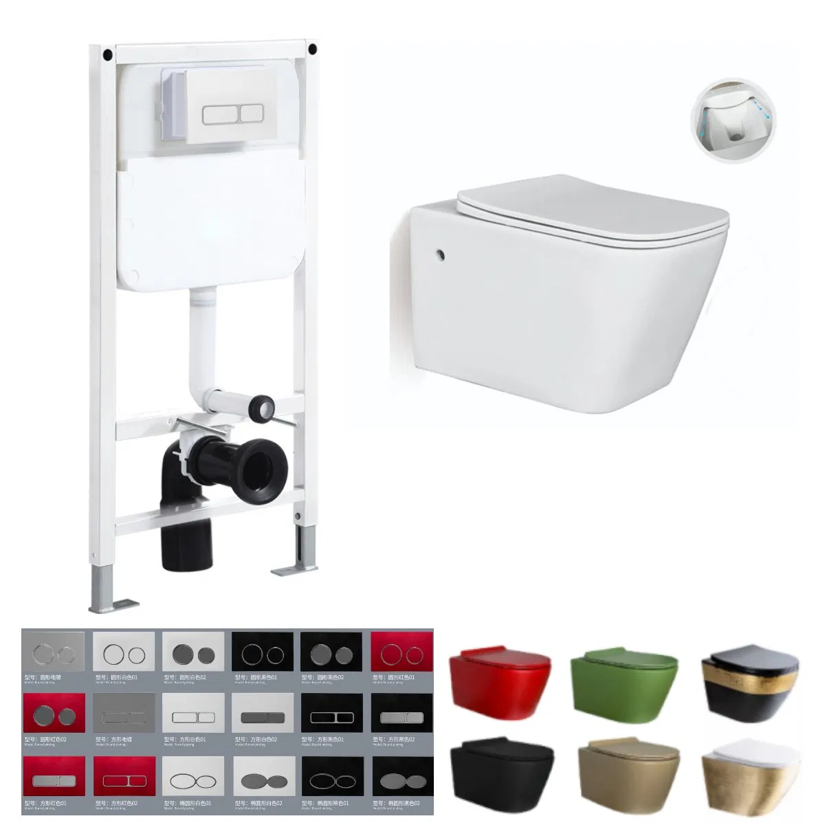 European HDPE Plastic Rimless Flush Wall Hung Toilet High Concealed Cistern with Iron Frame Color Button