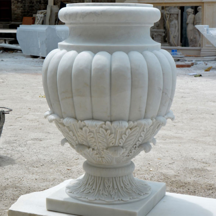 Large Tall White Flower Pot Natural Marble Planter with Baby Relief