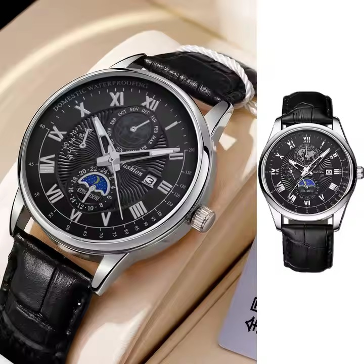 Hot Selling Men's Watch with Three-Eye Calendar Starry Moon Design Fashionable Leather Band Quartz Movement Wholesale