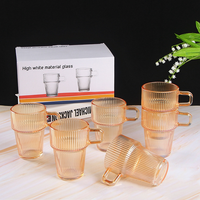 Modern Stackable Tea Cups with Amber Vertical Glass Design Glass Water Cup Milk Cup