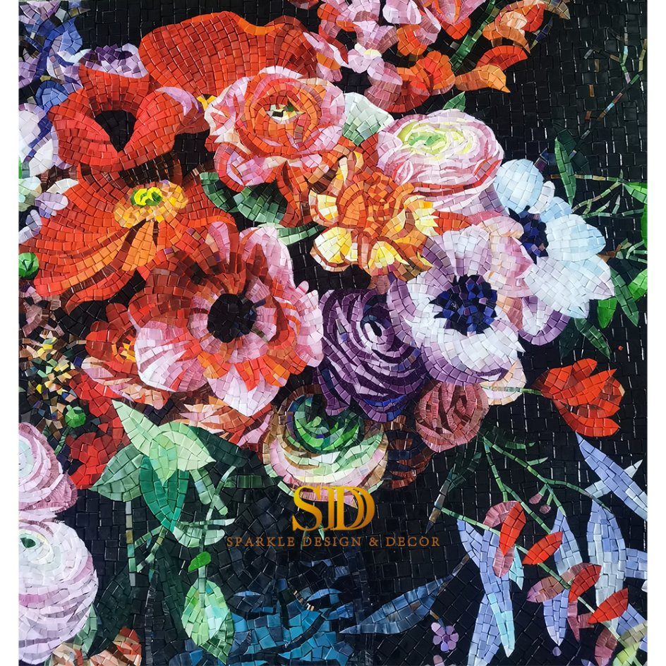 High Quality Exquisite Colorful Hand Made Glass Mosaic Flower Mural for Bathroom Wall Decoration