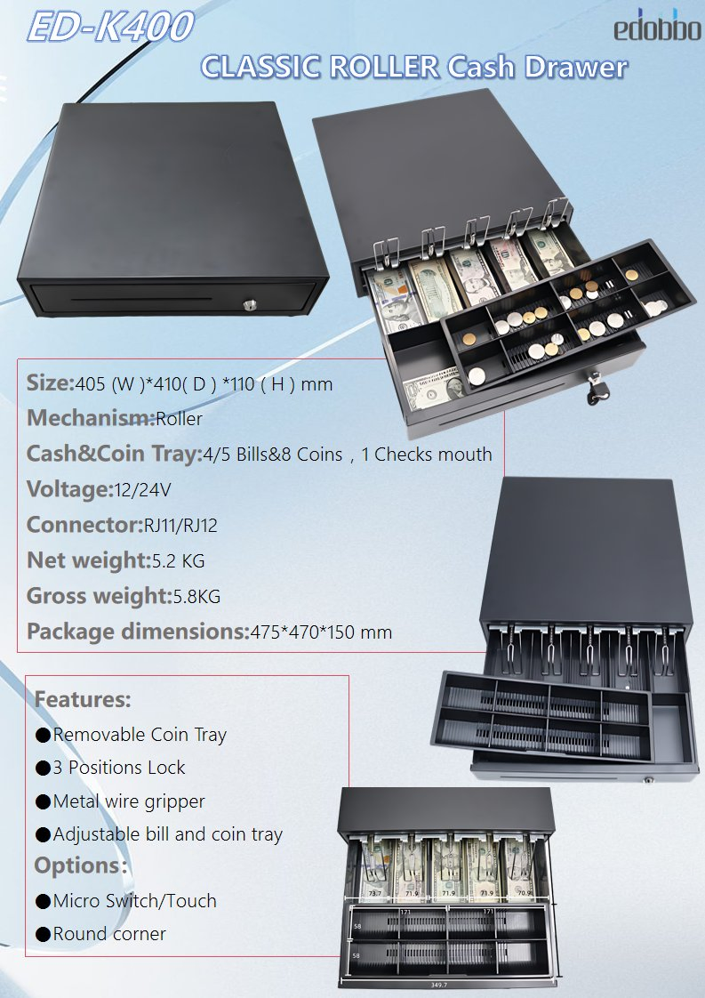 ED-K400 Edobbo Cash Box with Rj11/Rj12 Port Cash Drawer Black Color for Shop POS Cash Register Counter Checkout