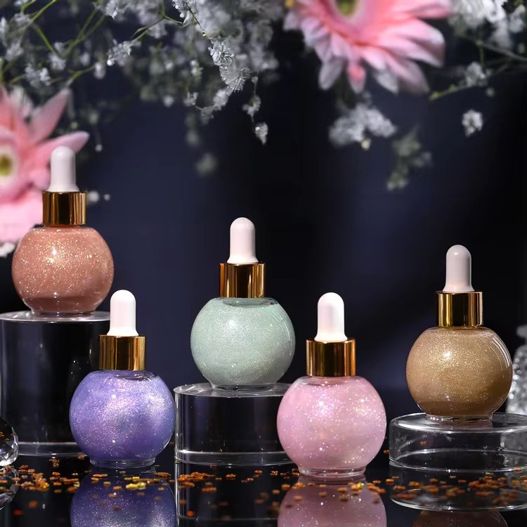 Custom Makeup Organic Glitter Liquid Body Face Highlighter Dropper Private Label Body Shimmer Highlight Oil