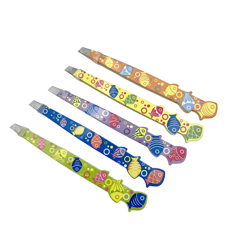Stainless Steel Slanted Tip Beauty Saloon Eyebrow Tweezers with Different Shapes Fish Printed Design