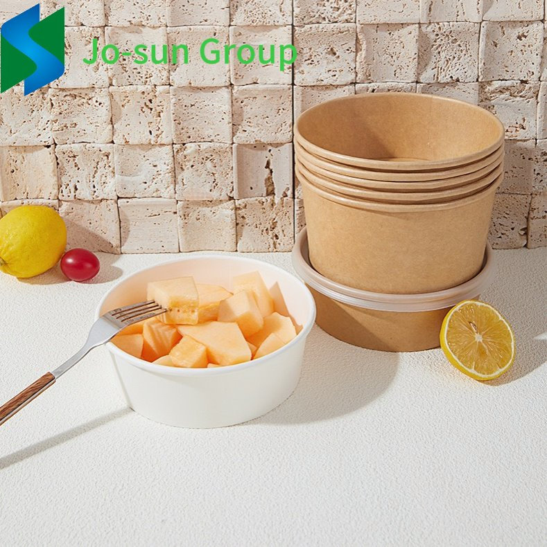 Jo-Sun Eco Friendly Disposable Kraft Paper Soup Bowl Biodegradable Take Away Food Container Salad Box Bowl Coated with Lid