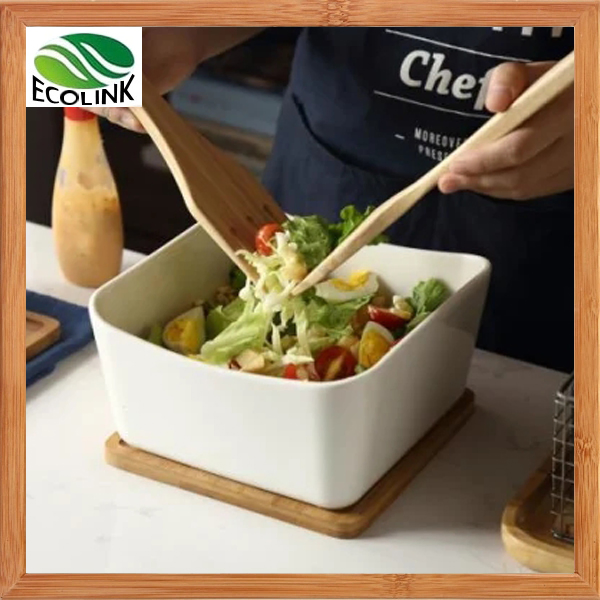 Elegant Square Large Ceramic Bowl Salad Bowl with Tray & Spoons