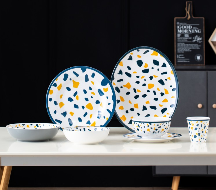 Melamine Plates Set Big Size Salad Plates, Colorful Tablewares, Gray Plate with Crackle