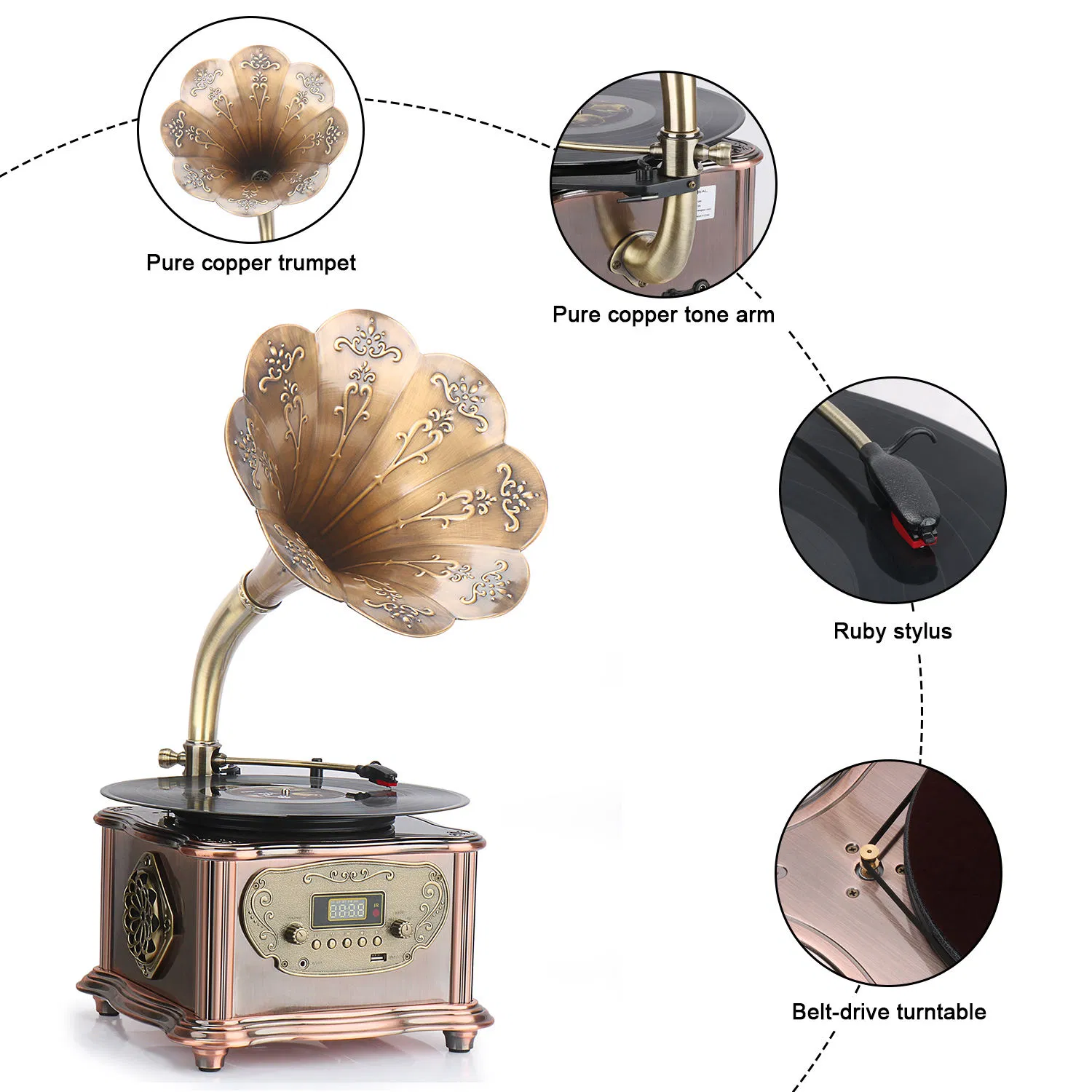 Multi Functional Bluetooth Stereo Retro Features Vinyl Phonograph Gramophone Vinyl Record Player Home Decoration Gift Turntable Player for Friend and Parents