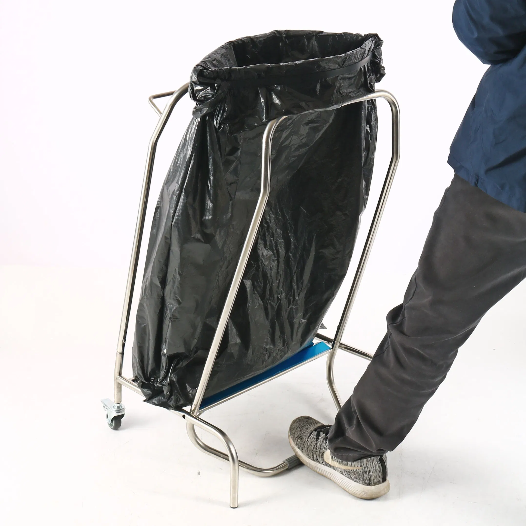Stainless Steel Foot-Operated Bag Clamp Trash Trolley